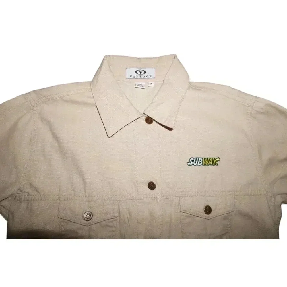 VTG Subway Sandwiches Womens M Restaurant Promo Tan Denim Jean Jacket RARE